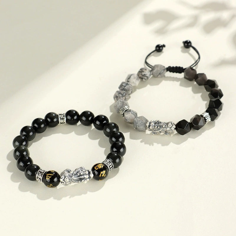 999 Fine Silver Pixiu Matte Obsidian Round Beads and Faceted Silver Sheen Obsidian with Map Stone Bracelet