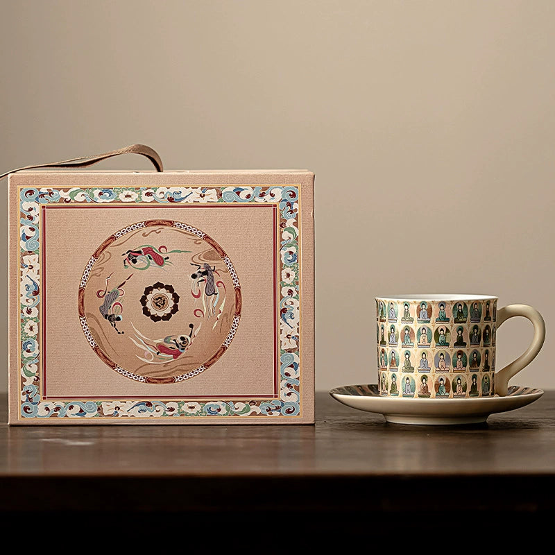 Shaolinmart "Dunhuang Meditation" Thousand Buddhas Shaolinmart Porcelain Coffee Cup & Saucer Premium Gift Set – 6.8 oz Ceramic Tea Mug with Ritual Saucer