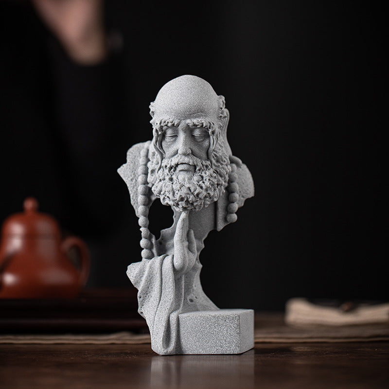 Solid Qing Sandstone Zen Sculpture | Hand-Carved Bodhidharma Art Piece