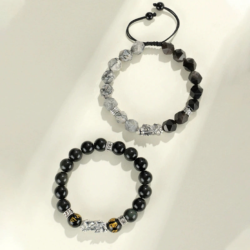 999 Fine Silver Pixiu Matte Obsidian Round Beads and Faceted Silver Sheen Obsidian with Map Stone Bracelet