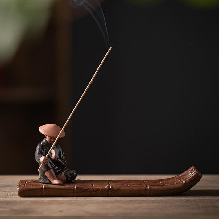 Samurai Wanderer Ceramic Bamboo Raft Incense Holder & Tabletop Decor