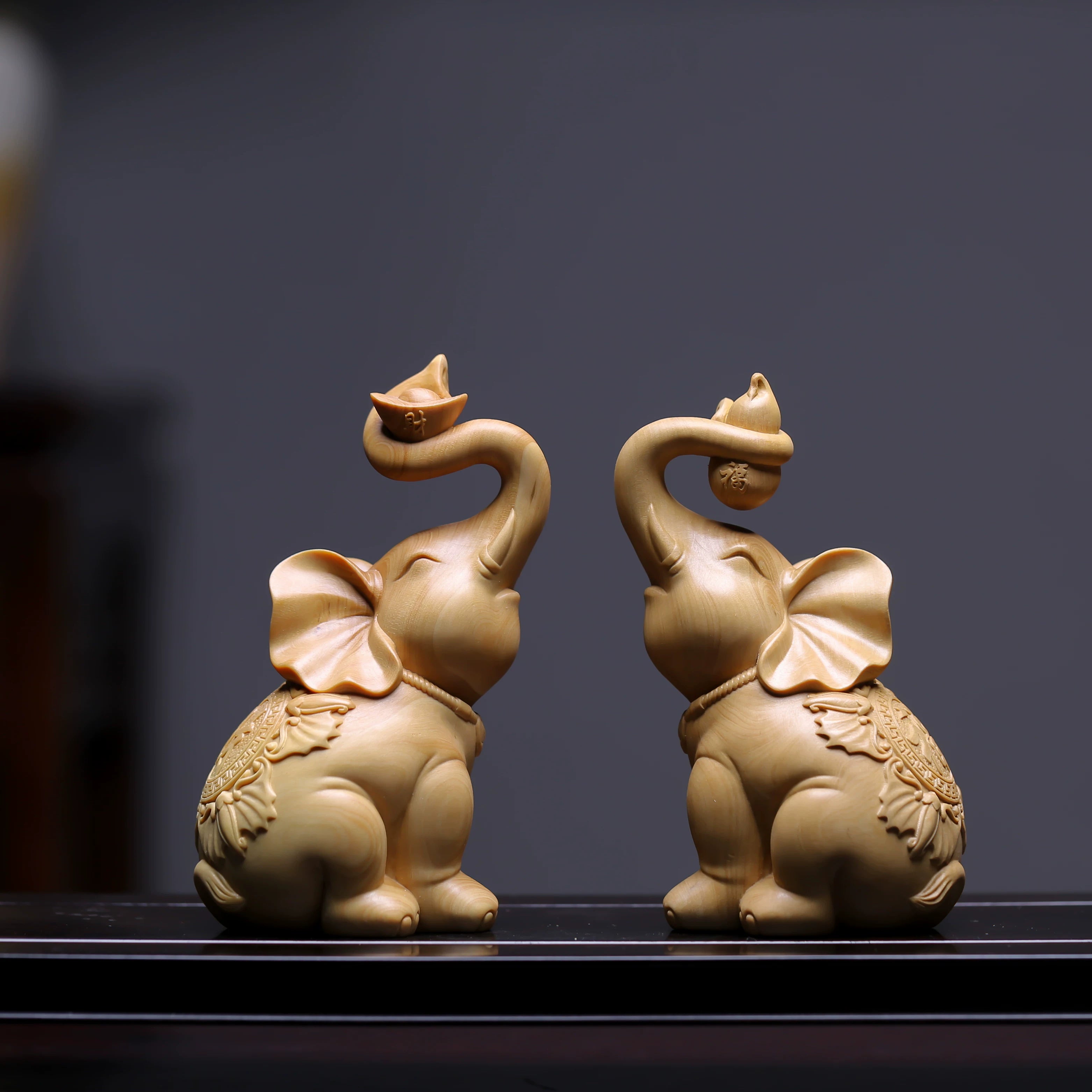 Fortune Elephants Pair – Hand-Carved Small Leaf Boxwood Décor for Wealth, Blessings & Harmony