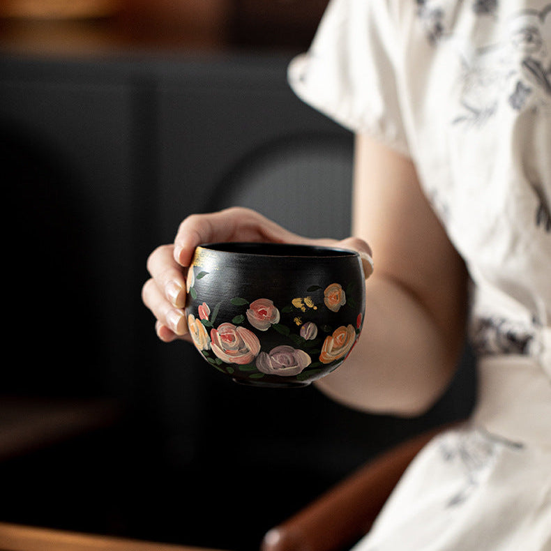 Shaolin "Rose Dream" Hand-Painted Ceramic Coffee Cup – Vintage Oil Painting Style Round-Belly Mug, 8.5 oz