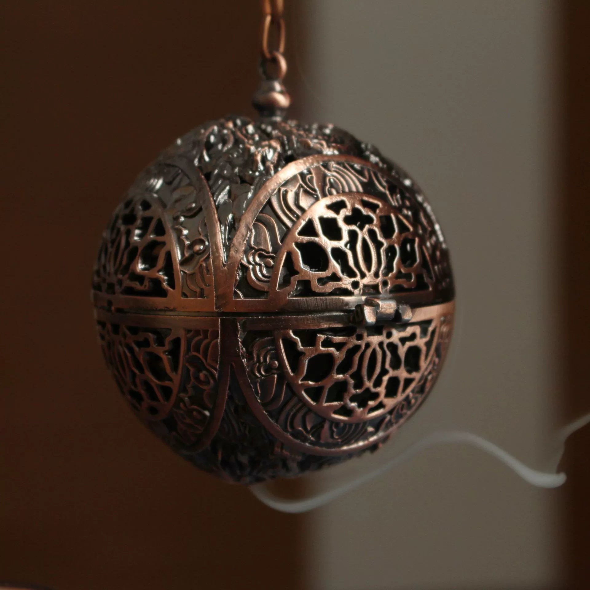 Antique Bronze Bamboo Stand Hanging Incense Burner – Filigree Loong Ball Censer for Coil & Cone Incense