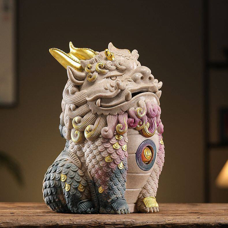 Feng Shui Pixiu Wealth Guardian & Coin Bank | Hand-Painted Sandstone Ornament
