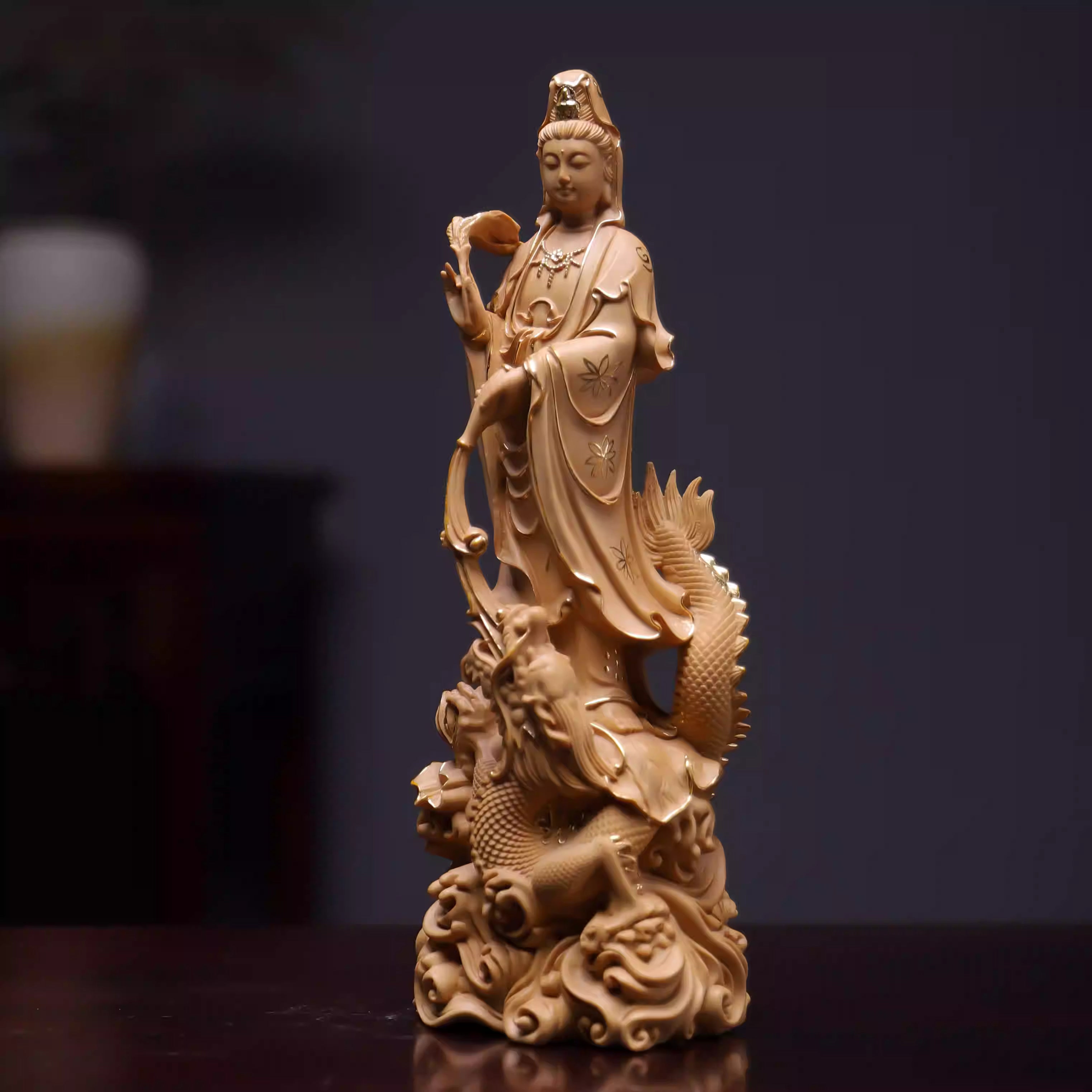 Shaolin Masterwork Series: Rare Boxwood Carving - "The Loong Goddess" (Guan Yin) (Gold painting)
