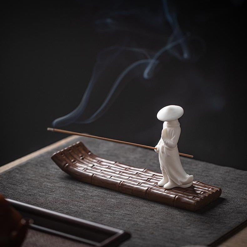 Samurai Wanderer Ceramic Bamboo Raft Incense Holder & Tabletop