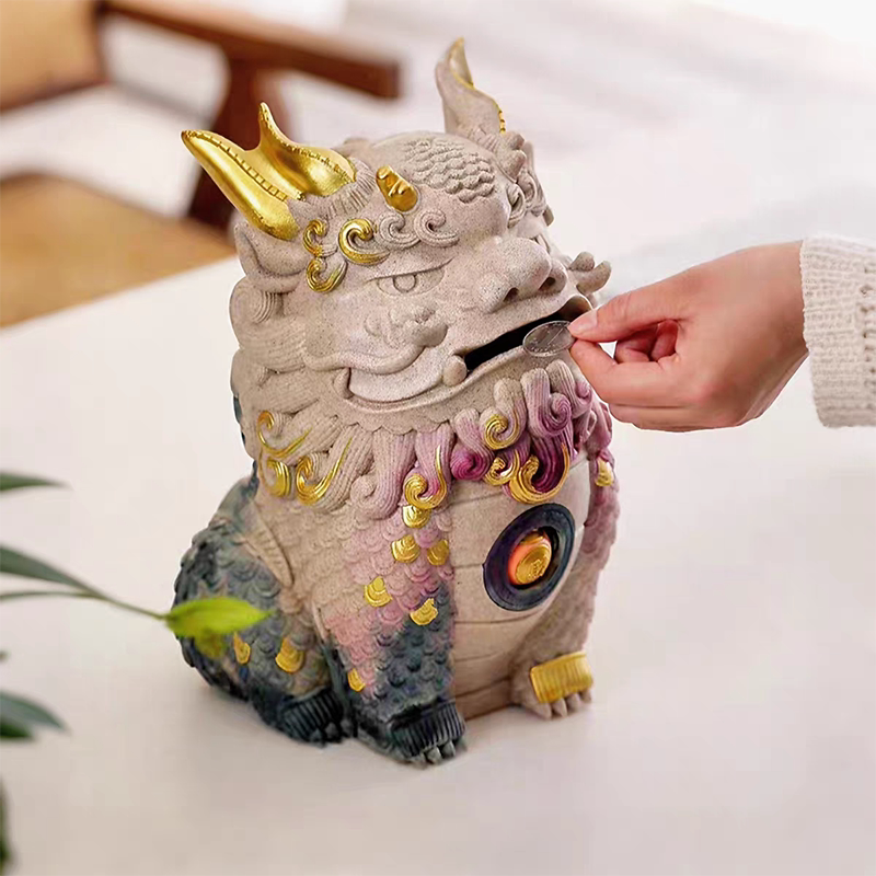 Feng Shui Pixiu Wealth Guardian & Coin Bank | Hand-Painted Sandstone Ornament