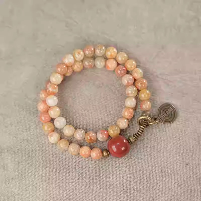 Dynasty Artisan Coral Stone Handstring - Retro Double-Layer Beaded Bangle