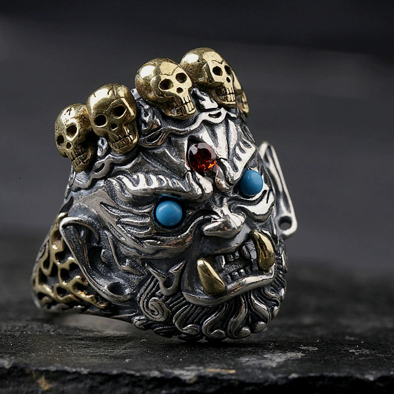 Turquoise Eyes & Nanhong Agate Mahakala Ring – S925 Sterling Silver Adjustable Open Band