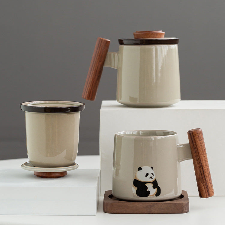 少林禅パンダマグ：木製ハンドル＆茶こし付き職人セラミックタンブラー