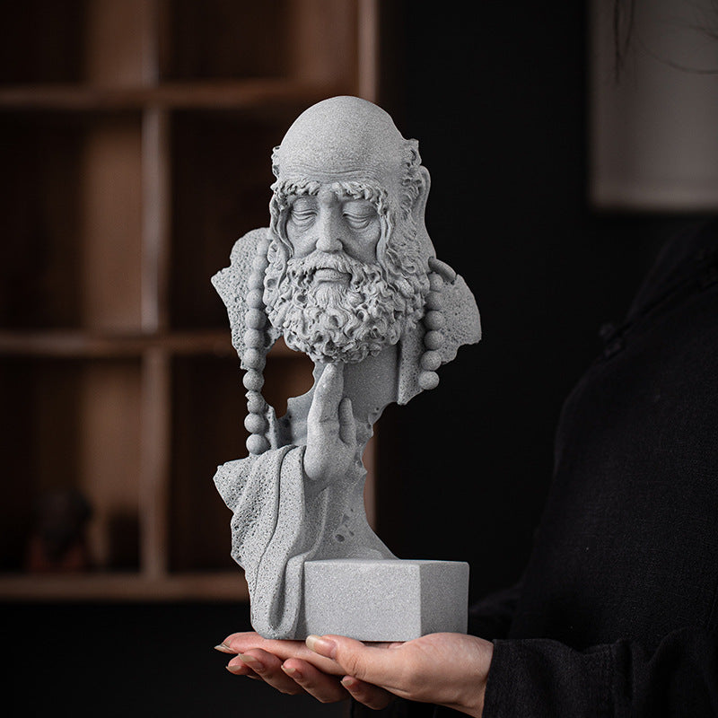 Solid Qing Sandstone Zen Sculpture | Hand-Carved Bodhidharma Art Piece