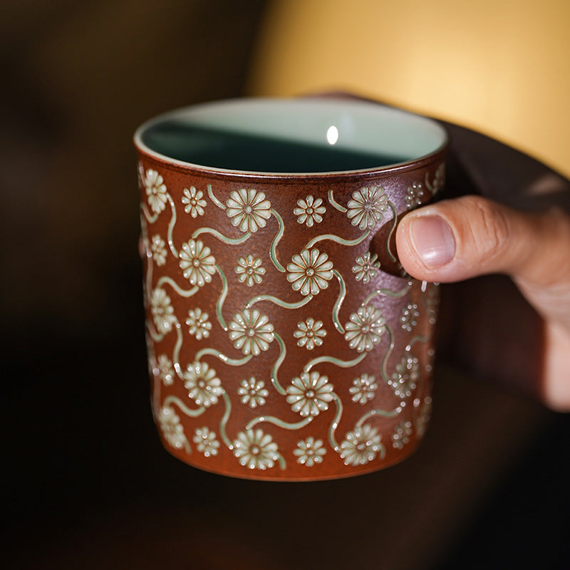 Longquan Celadon Floral Carved Mug – 8.8 oz Ash-Glazed Porcelain Tea & Coffee Cup by ShaolinMart