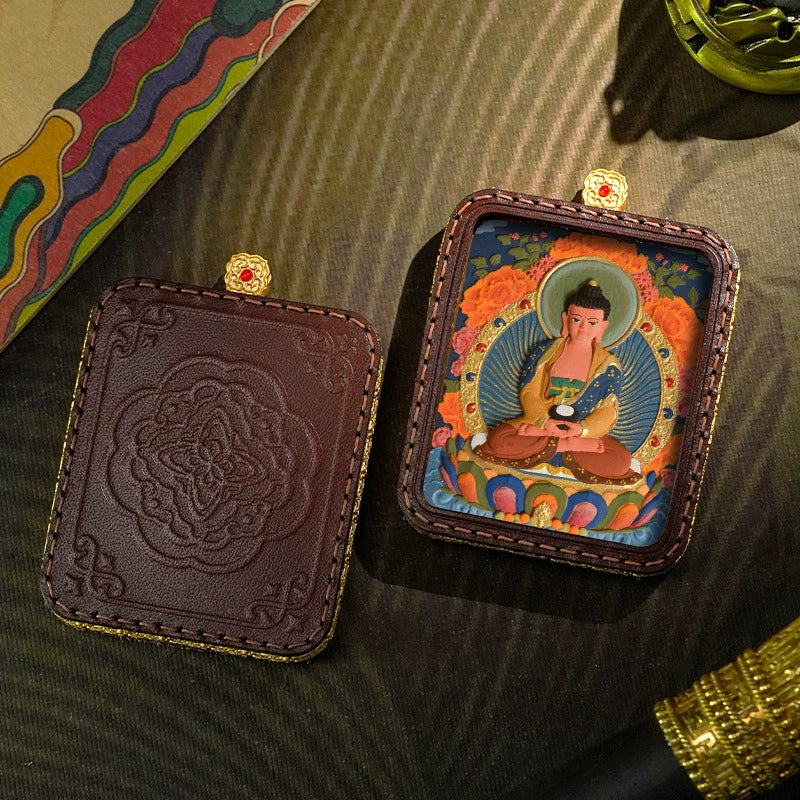 "The Mystic Scroll" Handcrafted Leather Tibetan Thangka Pendant – Miniature Hand-Painted Tsa-Tsa Deity Reliquary Protection Necklace