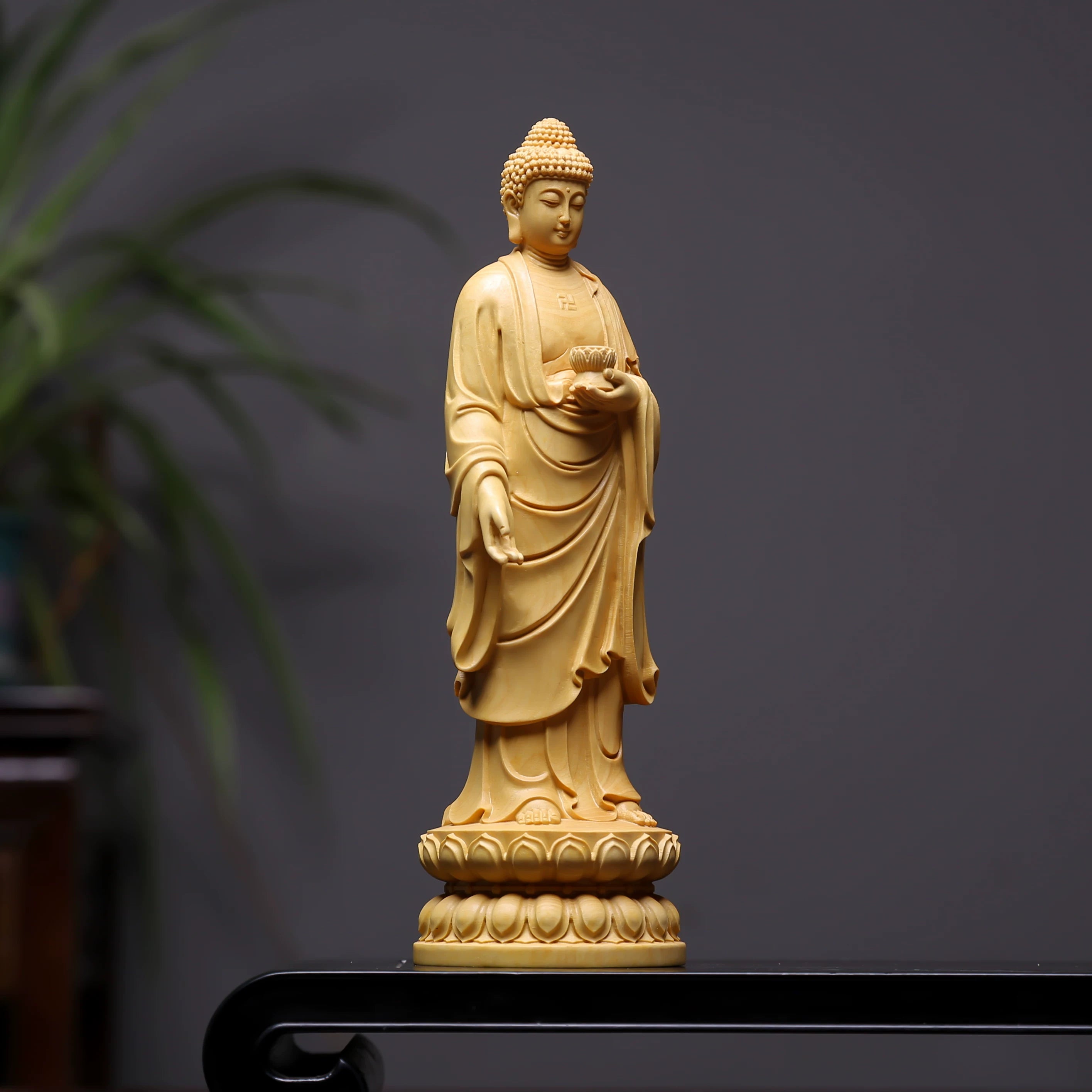 Hand-Carved Boxwood Buddha Statue – Solid Wood Decorative Sculpture for Home & Office Display