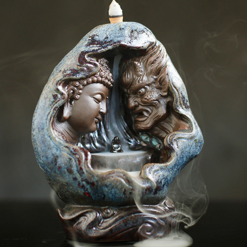 The Harmony in chaos: "One Thought" Buddha & Demon Ceramic Backflow Incense Burner – Mythical Dualism Statue for Meditation, Zen Decor & Mindful Shadow Work