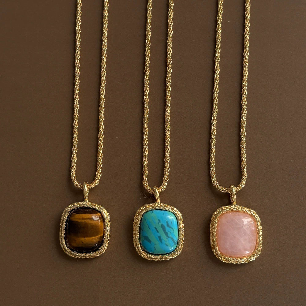 "The Vintage Heritage" 18k Gold-Plated Square Natural Stone Pendant Long Necklace – Antique Light Luxury Statement Sweater Chain