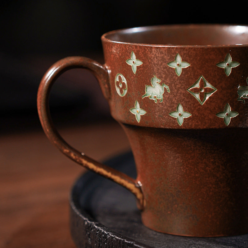 Vintage Horse-Year Ceramic Coffee & Tea Mug – 6.8 oz Celadon Carved Porcelain Cup by ShaolinMart