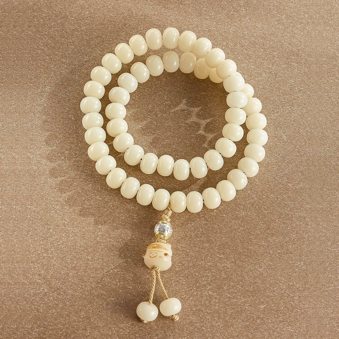 White Bodhi Multi-Wrap Mala Bracelet with 925 Silver Mantra Bead & Lucky Cat Charm