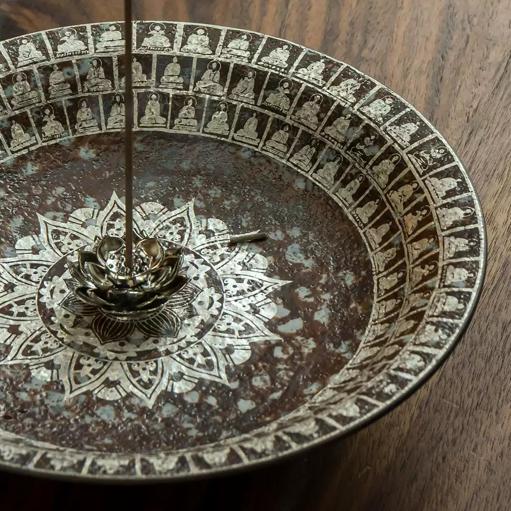 Buddha Motif Ceramic Incense Holder, Silver-Inlaid Lotus Ash Catcher Dish