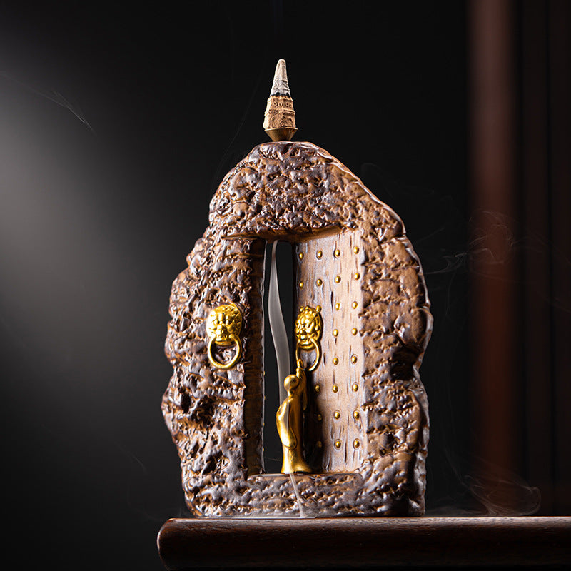 "Serene Gateway": Ceramic Backflow Incense Burner — Zen Monk Knocking at the Gate