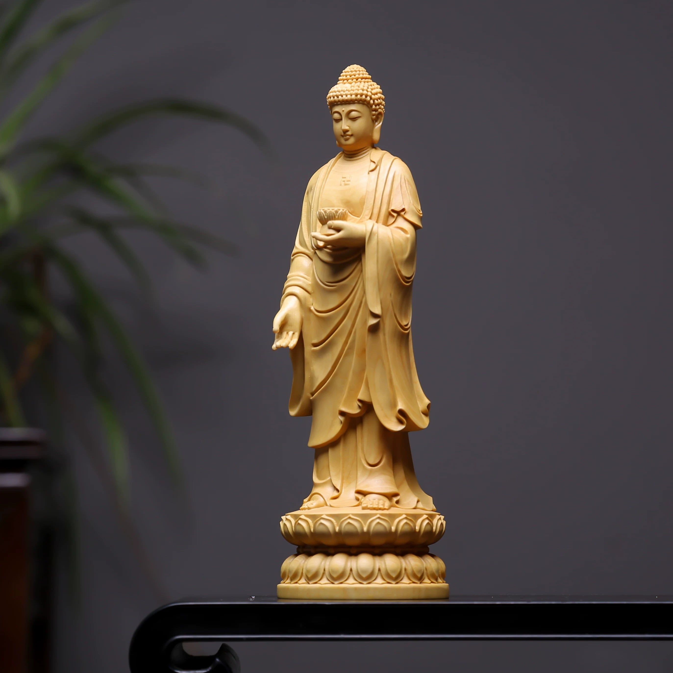 Hand-Carved Boxwood Buddha Statue – Solid Wood Decorative Sculpture for Home & Office Display