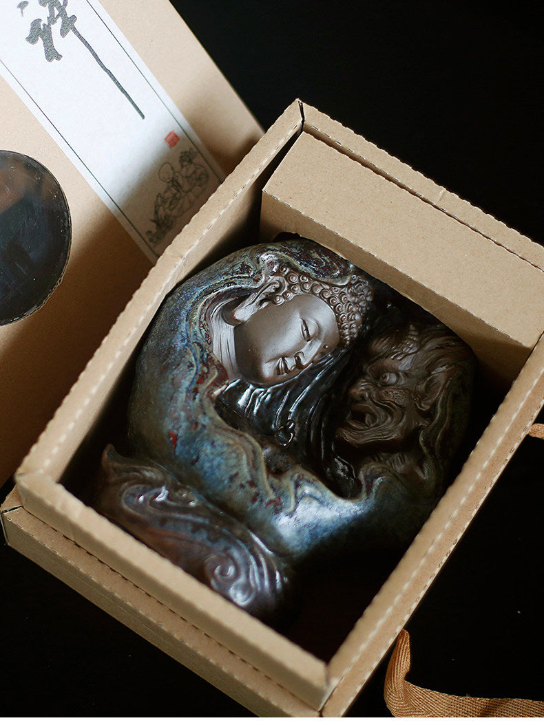 The Harmony in chaos: "One Thought" Buddha & Demon Ceramic Backflow Incense Burner – Mythical Dualism Statue for Meditation, Zen Decor & Mindful Shadow Work