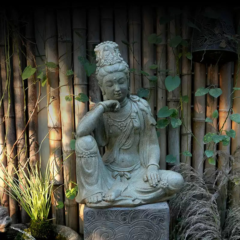 Grounded Serenity: 18.9-Inch Heavy Solid Stone Water Moon Guanyin Statue