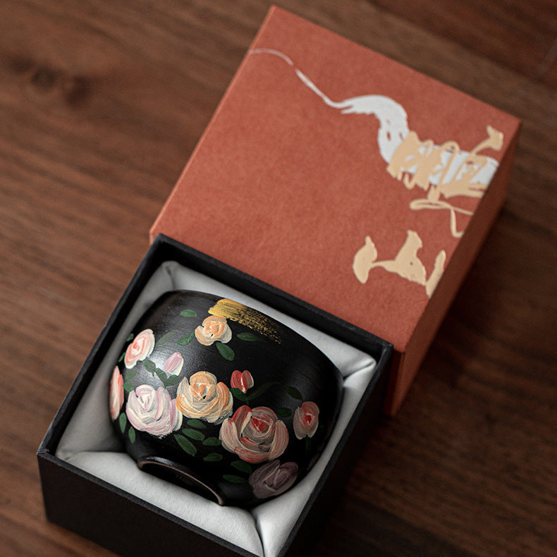 Shaolin "Rose Dream" Hand-Painted Ceramic Coffee Cup – Vintage Oil Painting Style Round-Belly Mug, 8.5 oz