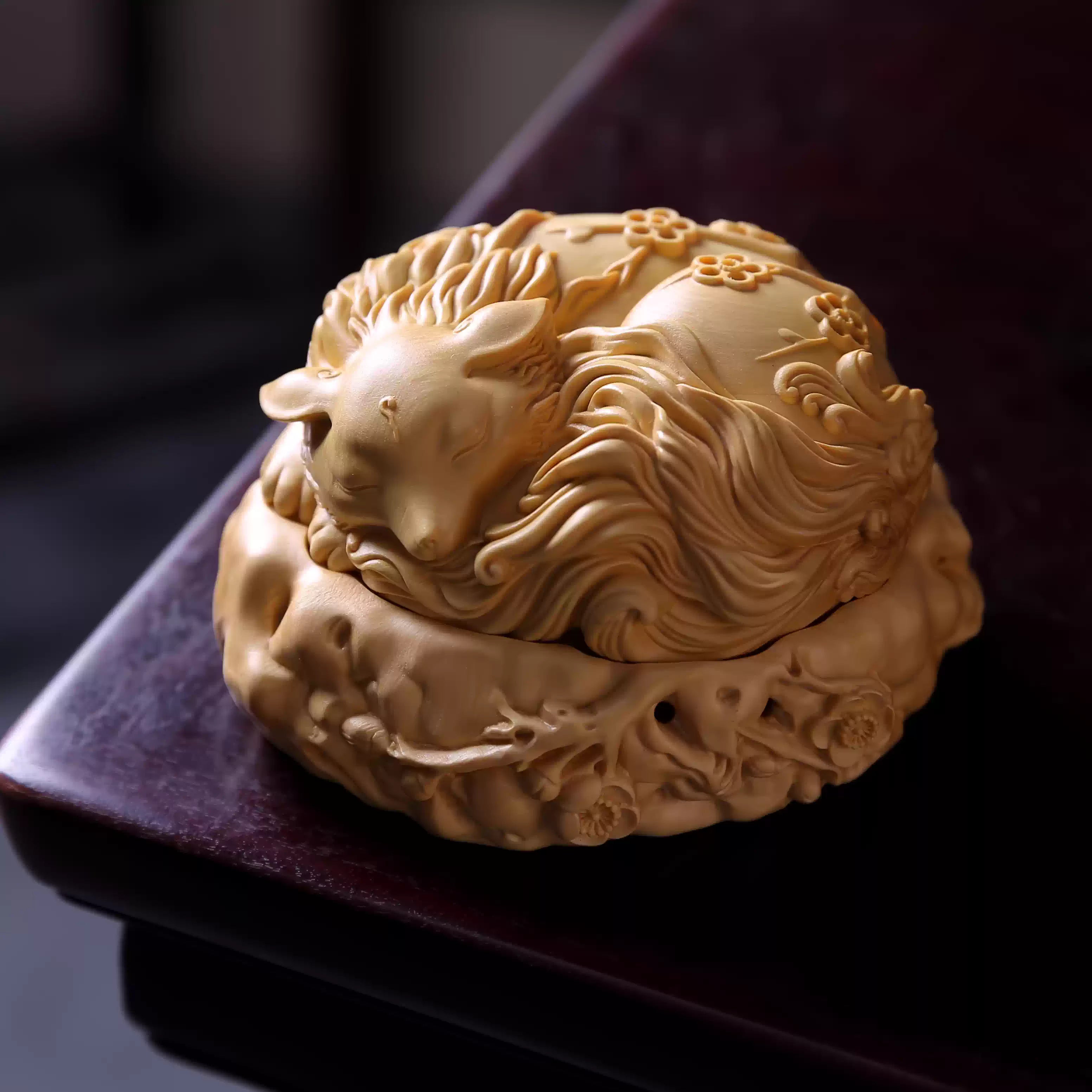 Shaolin Masterwork Series: Rare Boxwood Carving - "The Mystic Nine-Tailed Fox" (Incense Burner)