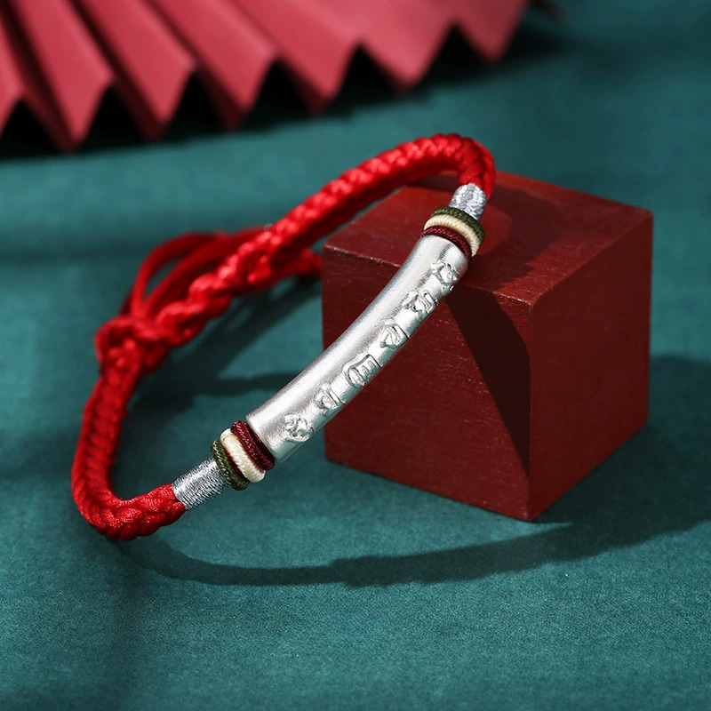 Handwoven S999 Silver Six-Syllable Mantra Bracelet – Adjustable Red Cord Bracelet
