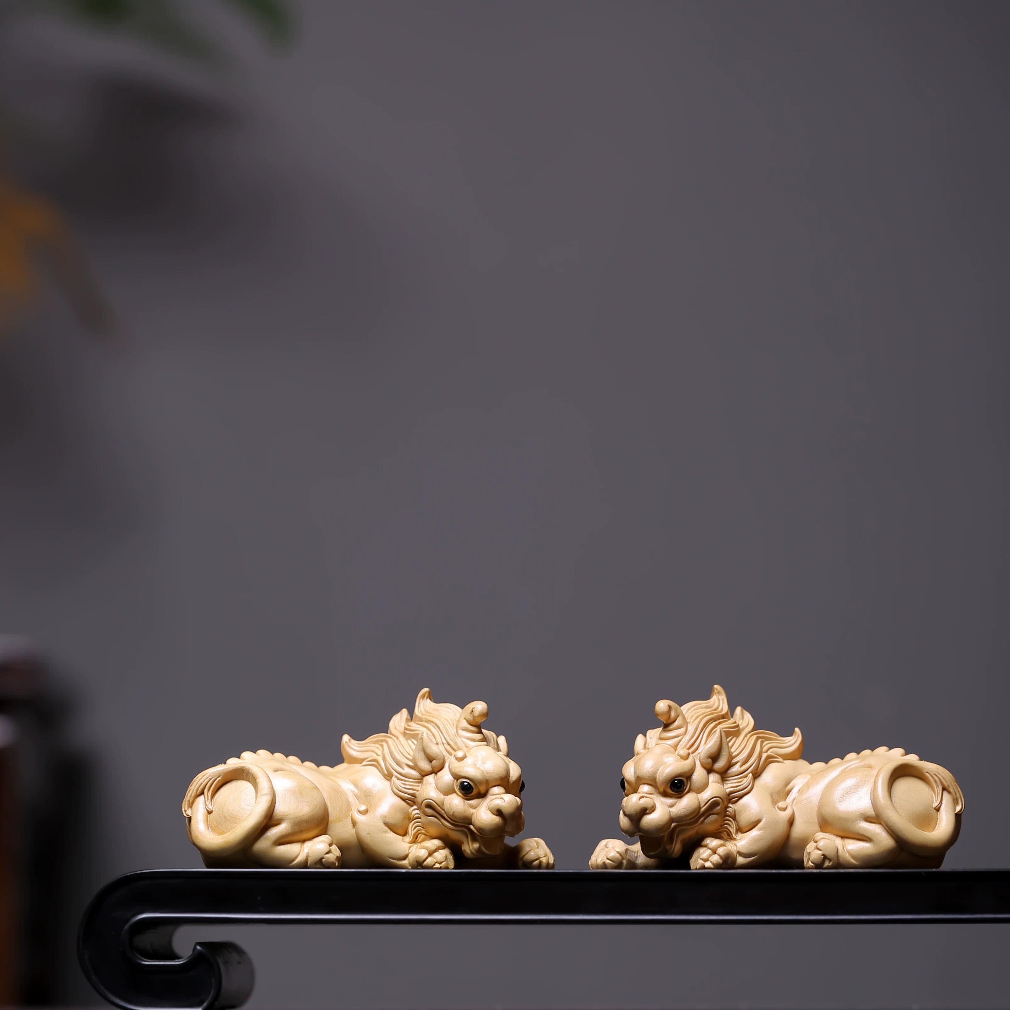 Hand-Carved Boxwood Tianlu Pixiu Pair — Eastern-Inspired Guardian Beast Figurines