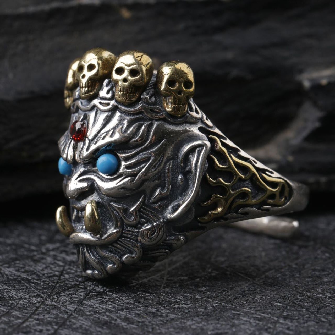 Turquoise Eyes & Nanhong Agate Mahakala Ring – S925 Sterling Silver Adjustable Open Band