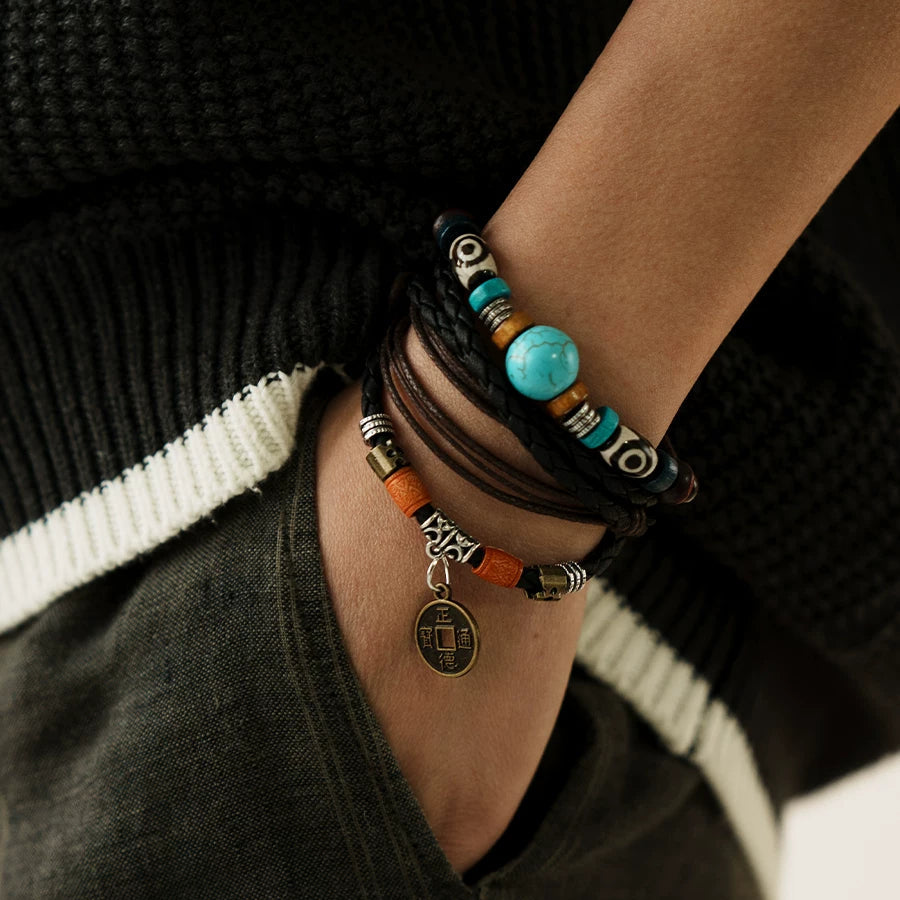 Turquoise and wood beaded bracelet with coin charm, mindfulness accessory for everyday peace