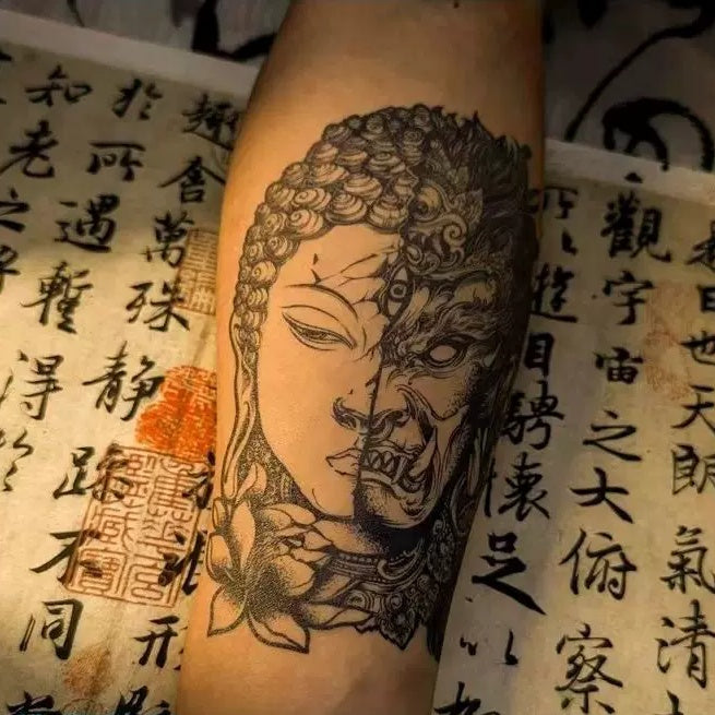 The "Harmony in Chaos" Dualism Temporary Tattoo – 3.9" x 6.1" Realistic Black & Grey Buddha & Demon Fine-Line Body Art Decal