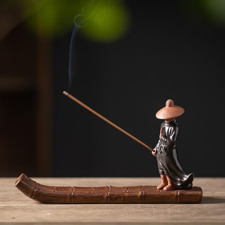Samurai Wanderer Ceramic Bamboo Raft Incense Holder & Tabletop Decor