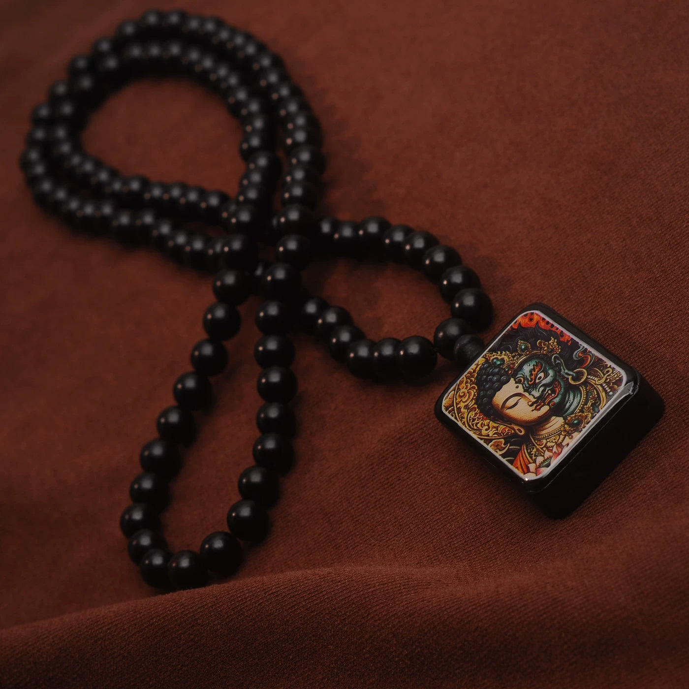 "Harmony in Chaos" Natural Black Ebony Wood Thangka Pendant Necklace – Eastern Duality Amulet Bead Chain for Inner Balance & Mindfulness (15.7" Length)