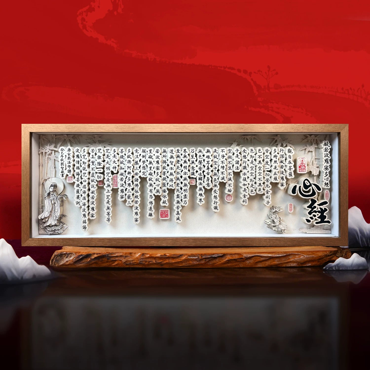 3D "Heart Sutra of Inner Peace" Panoramic Shadow Box – Handcrafted Calligraphy Paper Carving Art, Walnut-Framed (ICH Series)