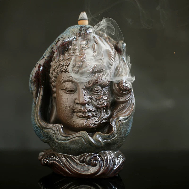 The Harmony in chaos: "One Thought" Buddha & Demon Ceramic Backflow Incense Burner – Mythical Dualism Statue for Meditation, Zen Decor & Mindful Shadow Work