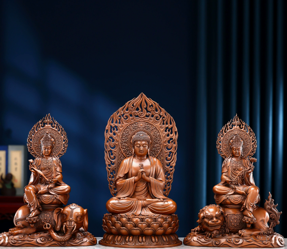 Purple Copper Huayan Three Saints Statue – Manjushri, Samantabhadra & Vairocana Buddha(Regular Price Item)
