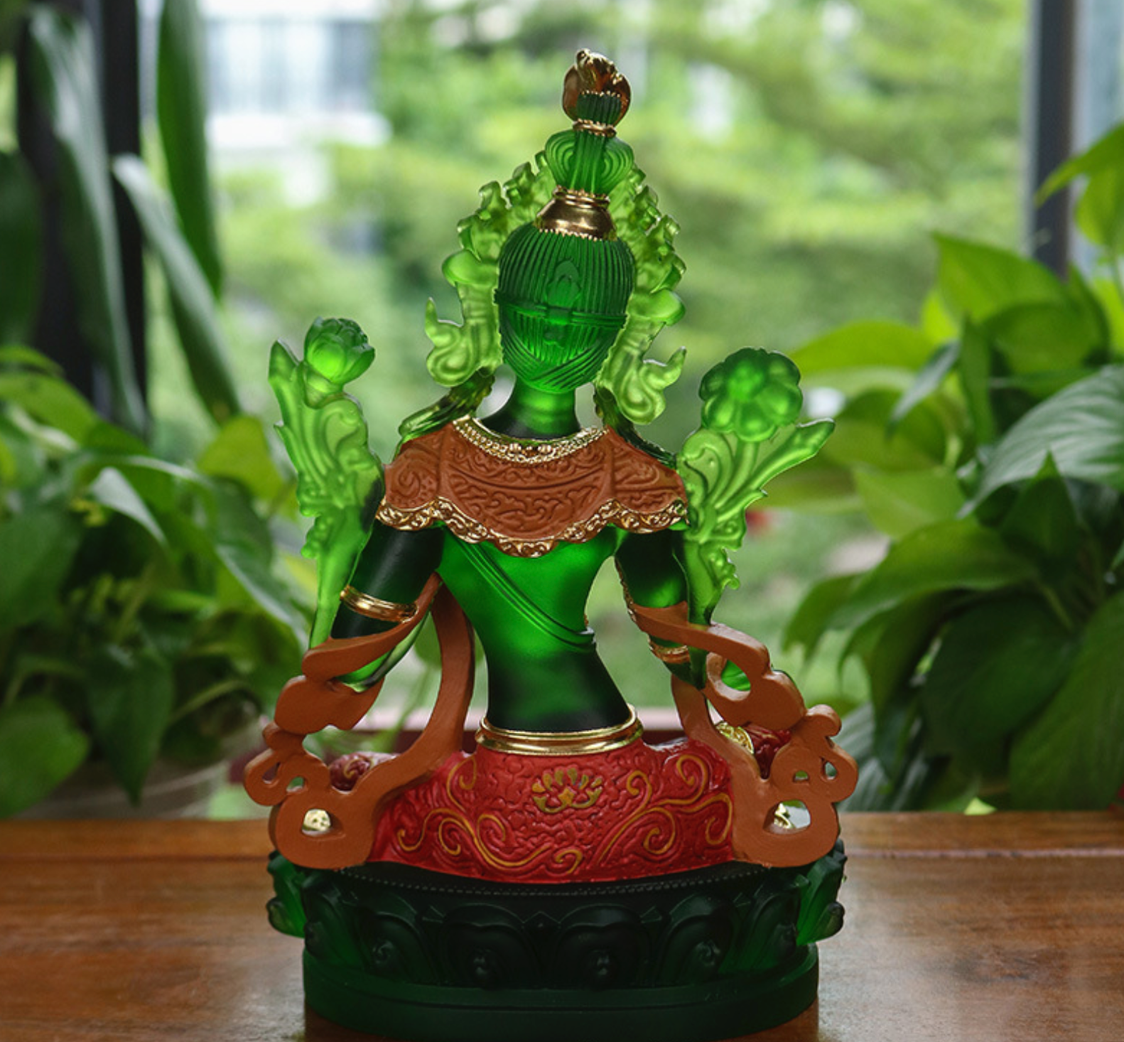Green Tara Liuli Statue – Handcrafted Glass Art Figurine with Gilded & Hand-Painted Finishes