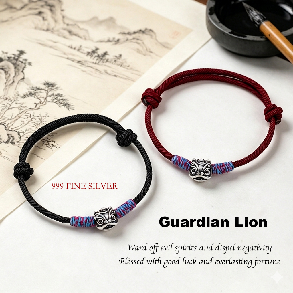 S999 Silver Lion Dance Cord Bracelet – Handwoven Red String Energy Bracelet
