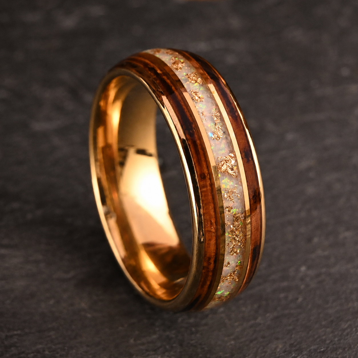 8mm Gold-Plated Tungsten Ring with White Opal, Gold Foil & Wood Inlay – Shaolin-Inspired Unisex Wedding Band