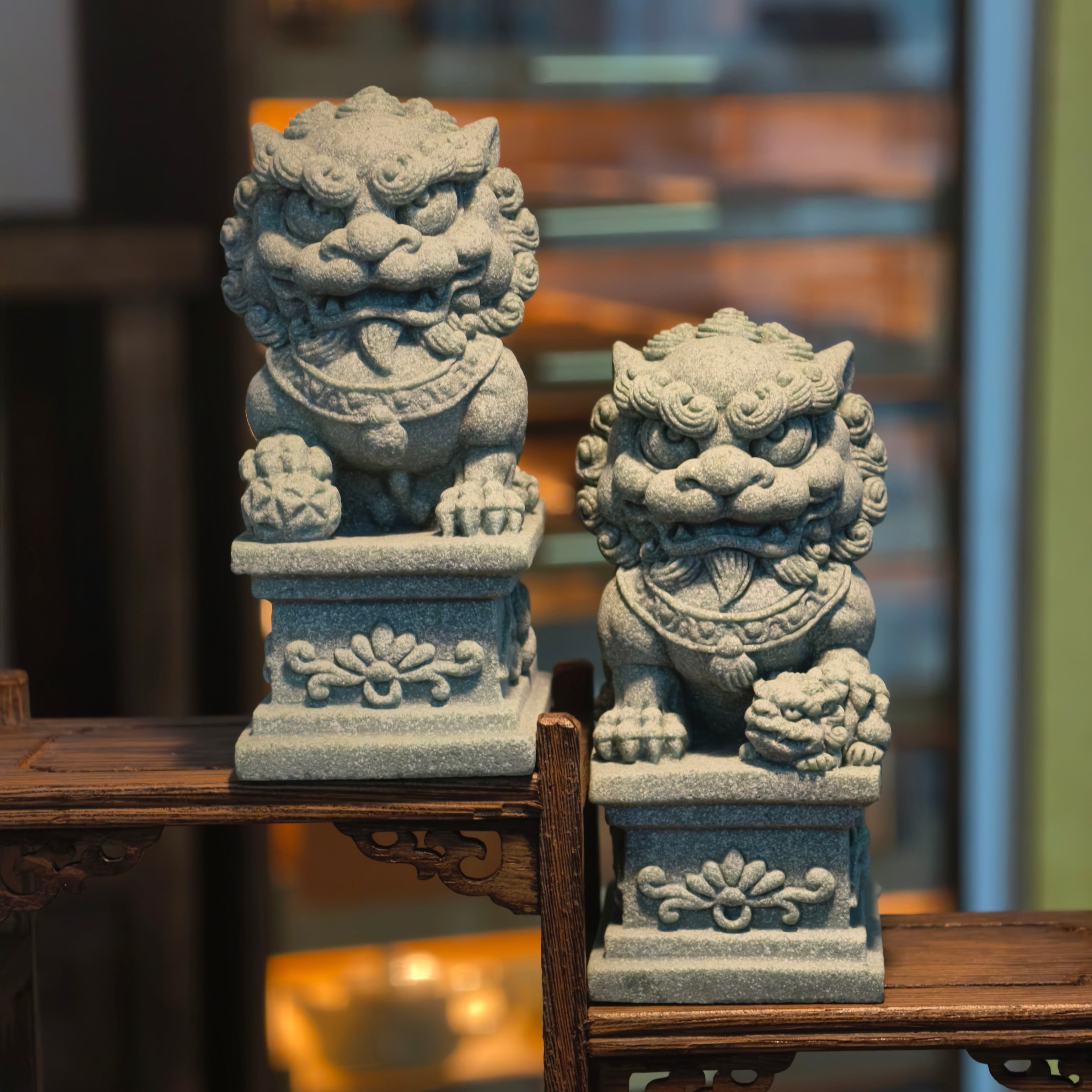 The Silent Guardians – Natural Qing Sandstone Foo Dog Statues, Set of 2 - ShaolinMart