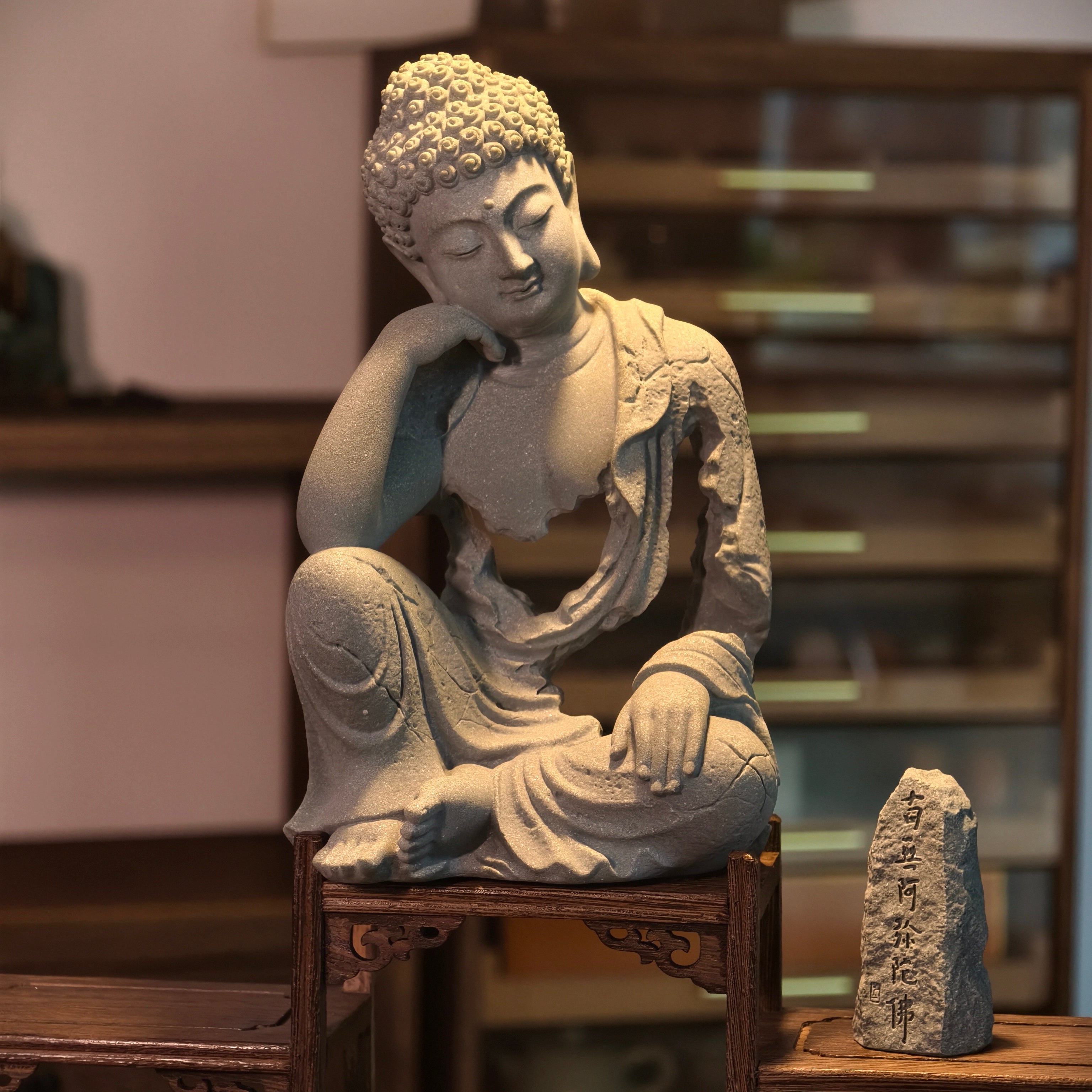Resting Buddha Sandstone Statue with Free Namo Amitabha Buddha Stone Plaque