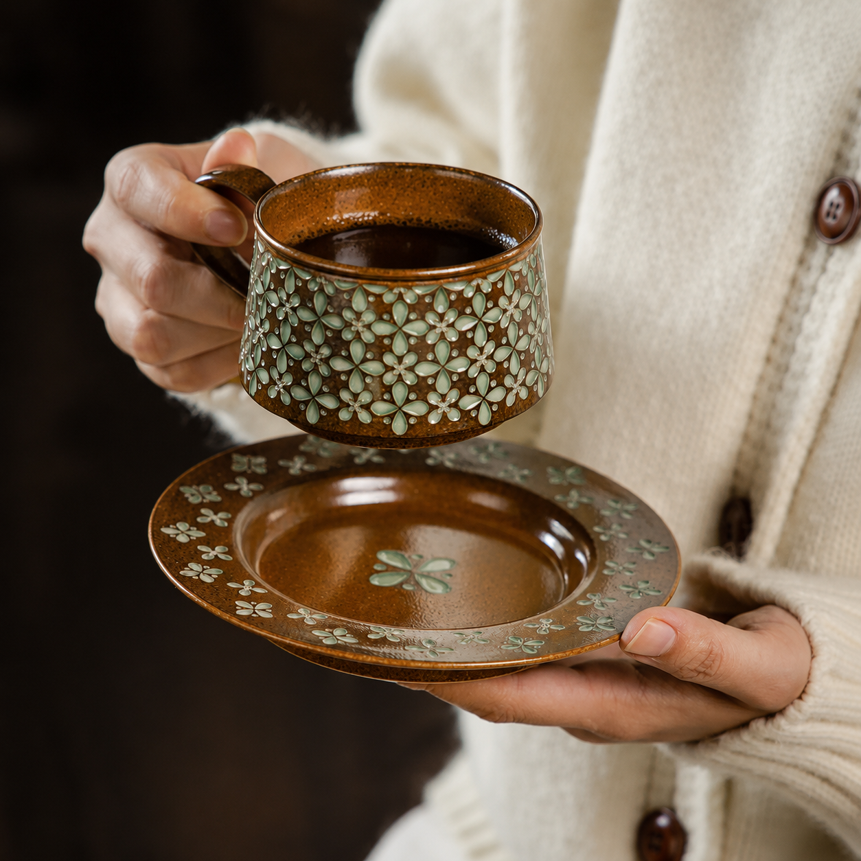 Eastern Elegance Longquan Celadon Relief Ceramic Coffee Cup – Underglaze Vintage Floral Personal Mug
