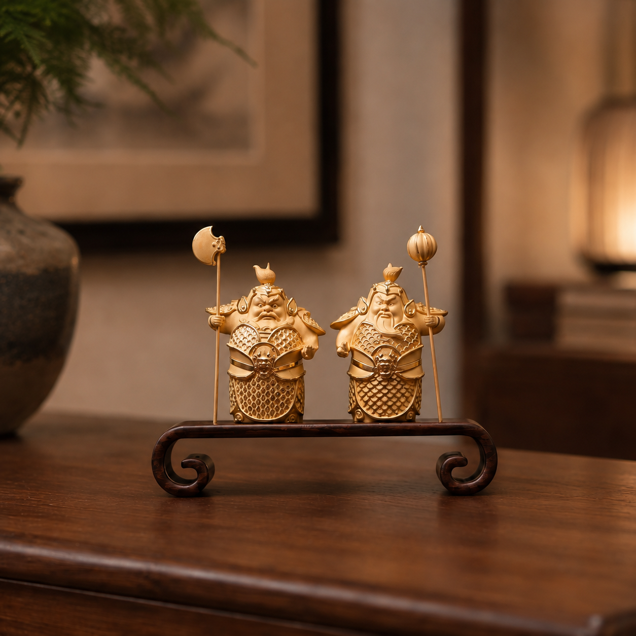Hmm-Ha Guardian Boxwood Statues – Hand-Carved Gold-Detail Temple Door Protectors
