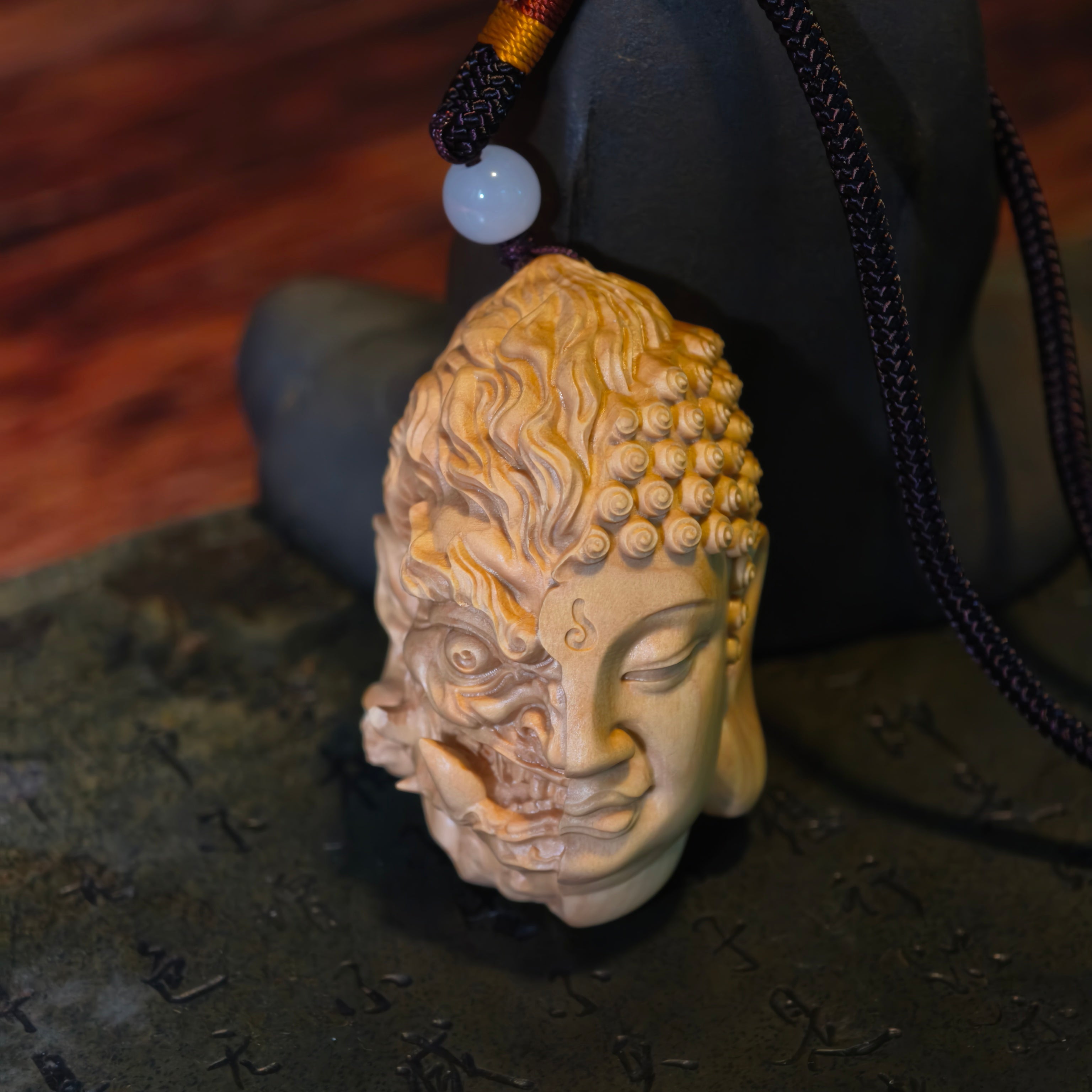 Harmony in Chaos – “The Duality of Mind” Half Buddha, Half Demon Boxwood Pendant - ShaolinMart
