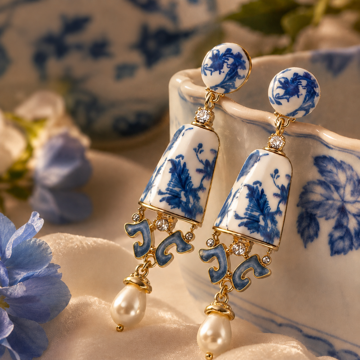 Vintage Blue & White Porcelain-Style Vase Drop Earrings – Court Elegance Jewelry