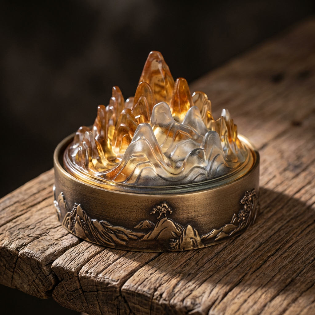 Mountain-shaped incense burner with amber resin peaks, bronze base, for Buddhist altar decor and mindfulness practice